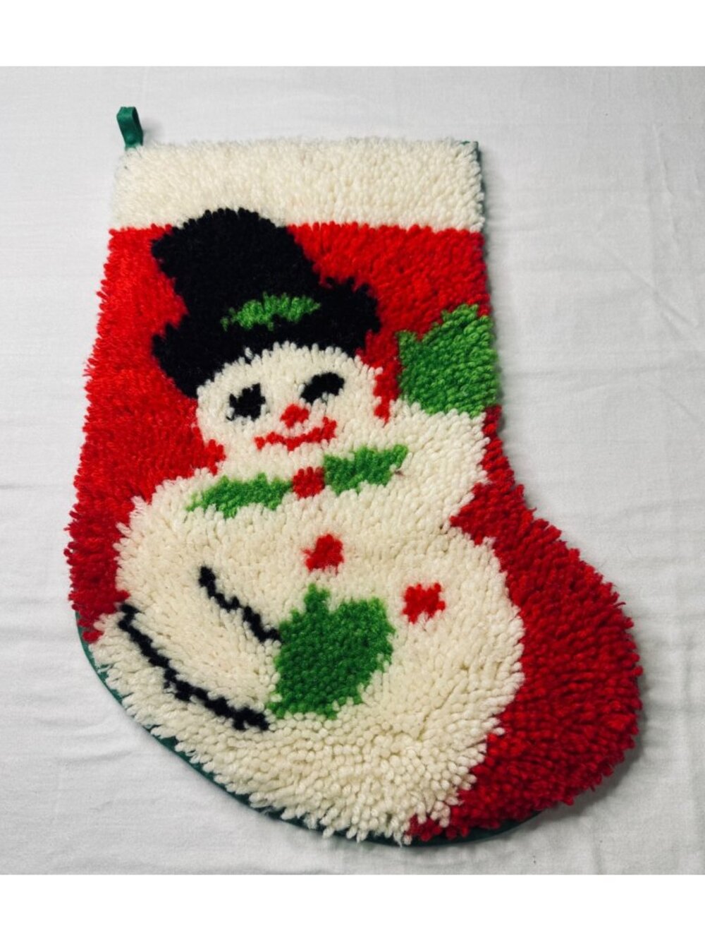 Vintage Latch Hook Snowman Christmas Stocking Handmade Red Green White